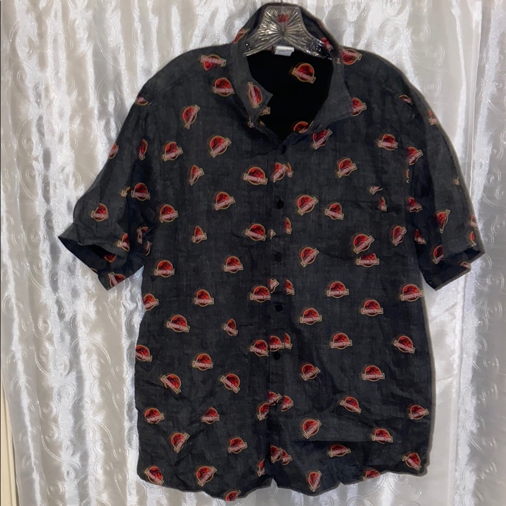 Universal Black Button-Down Shirt with Red Accent Print
